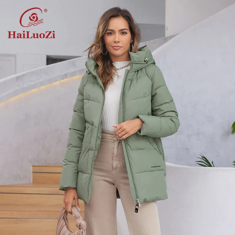 HaiLuoZi 2023 New Women's Jacket Short Warm Hooded
