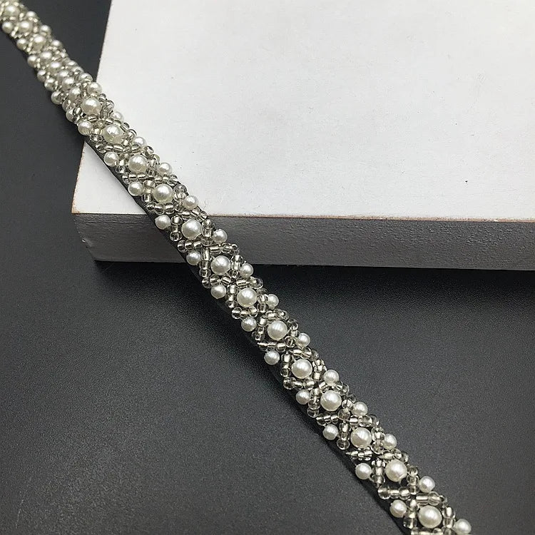 2Yards Pearl Beaded Lace Trim Mesh Lace Ribbon
