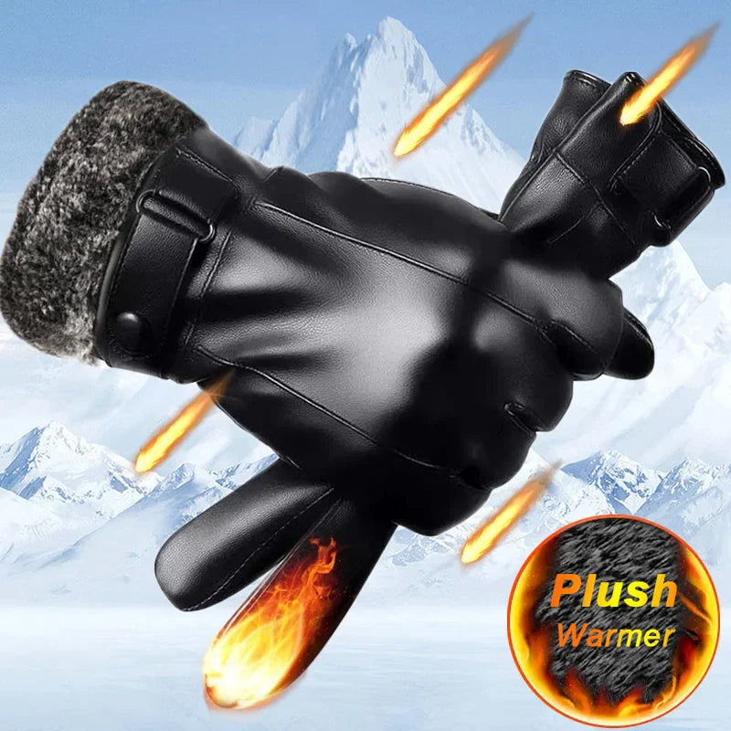 Fleece Leather Gloves Men's Winter Autumn PU Linings