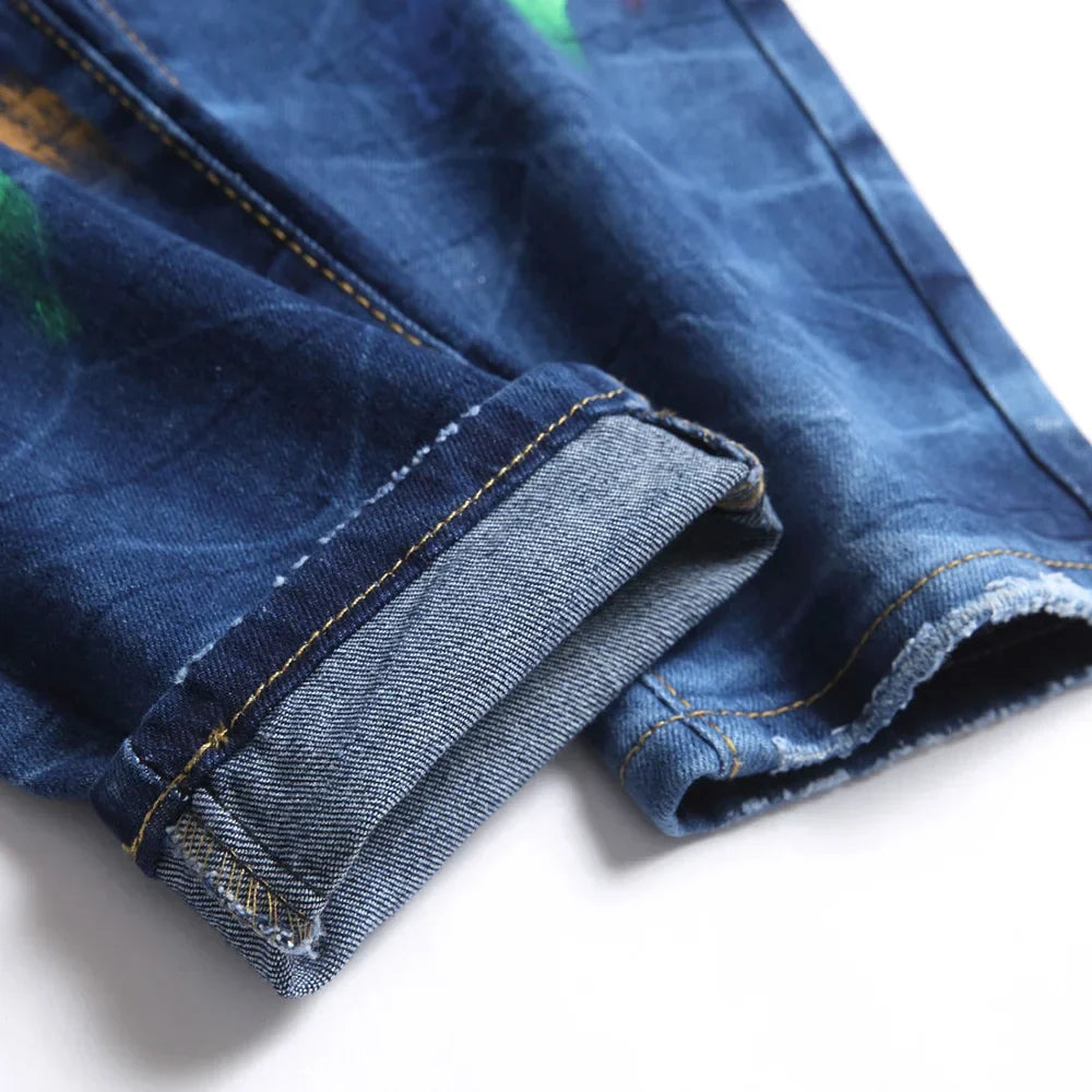 Men Painted Ripped Jeans Streetwear Stretch Denim Slim