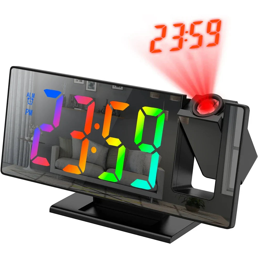 180° Arm Projection Alarm Clock - Digital Time & Temperature, Snooze Function, 12/24H USB LED Clock