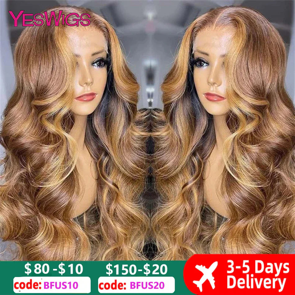 HD Highlight Wig Human Hair Brown Lace Front
