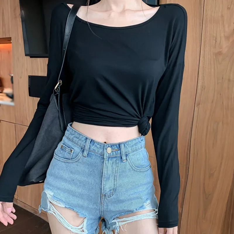 Womens Hollow Backless Long Sleeve Loose T-Shirt Tops