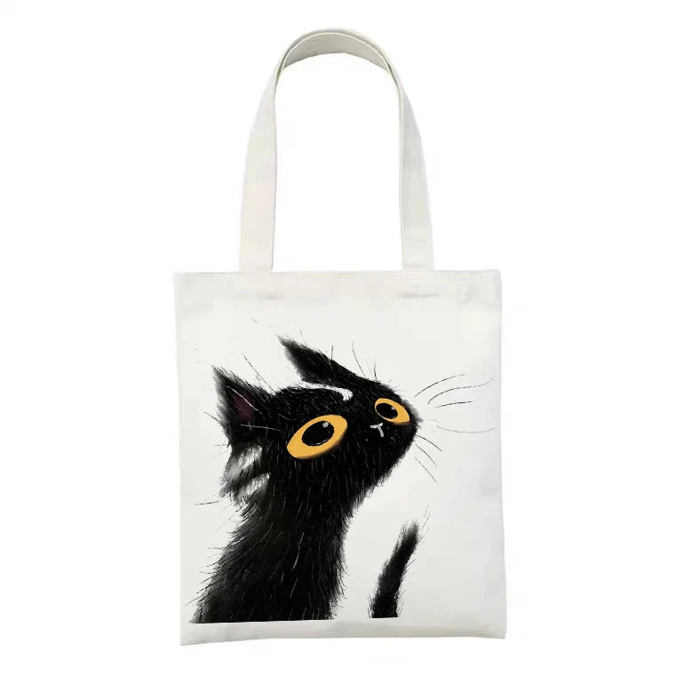 Women Canvas Bag Funny Black Cat Print Female Reuseable Shopping Totebags Girls Students School Bookbags