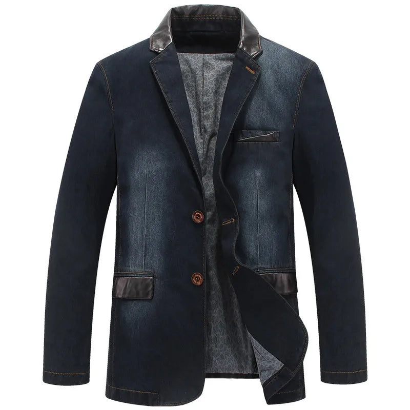 Casual Suit, Navy Blue Denim Suit Men's Jacket
