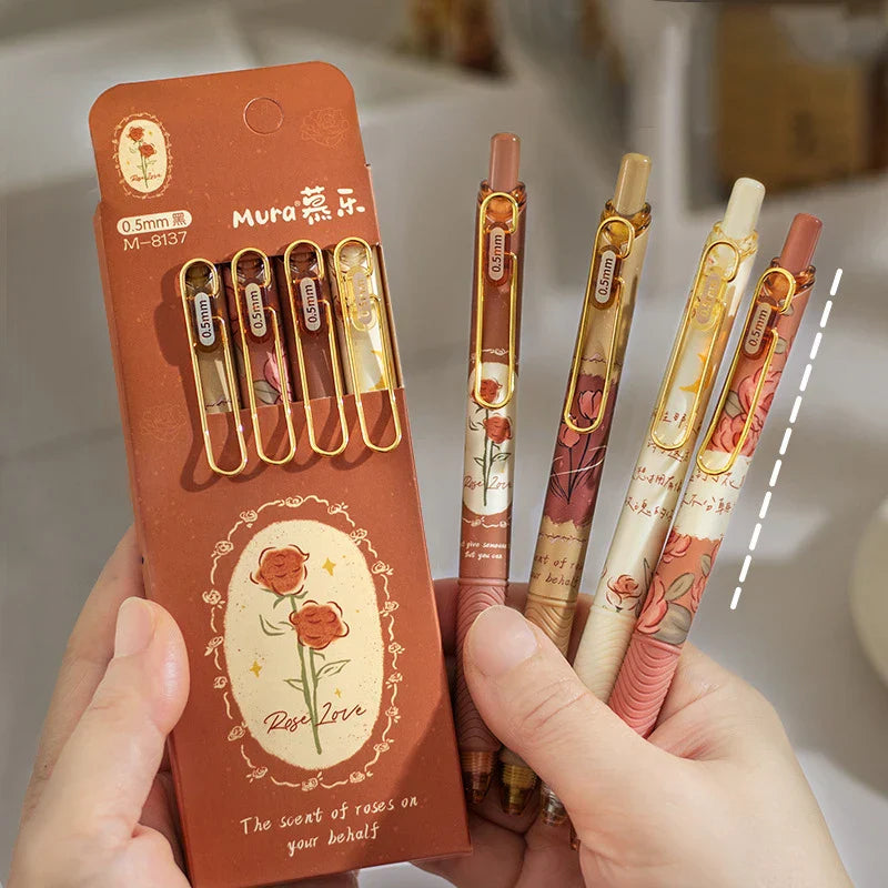 4pcs/box European Roses Gel Pens Smooth Writing Black