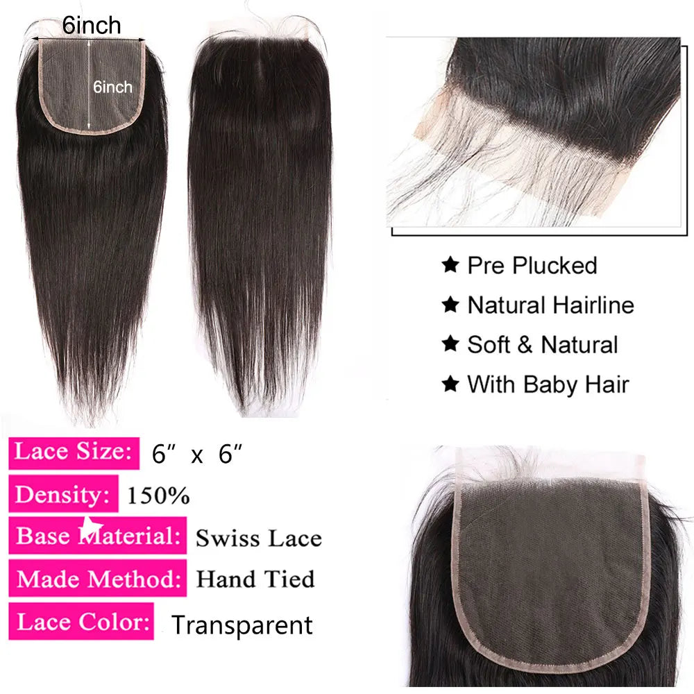 Straight 4x4 5x5 6x6 Lace Closure Human Hair