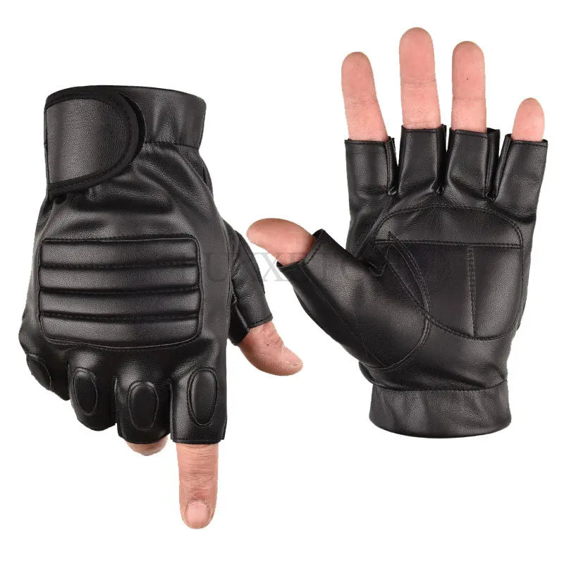 Men Half Finger Black Washable PU Leather Tactical