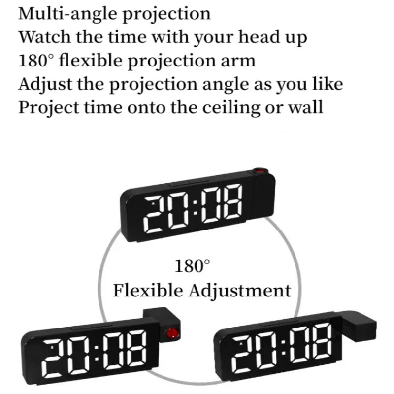 180° Arm Digital Projection Alarm Clock - Night Mode, Power-Off Memory, 12H/24H LED Table Clock