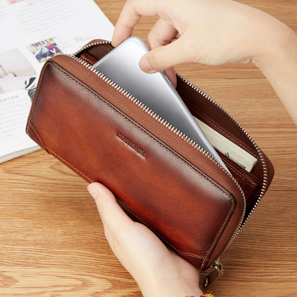 Wallets for Men,Men‘s Leather Large Capacity Clutch Bag Zip Around Long RFID Blocking WalletGenuine First Layer Cowhide Luxury