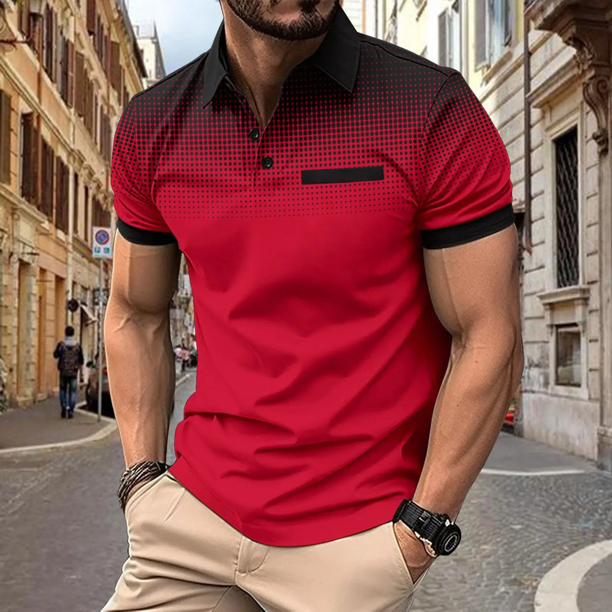Summer Mens Lapel short-Sleeved T-shirt Contrasting Color polka