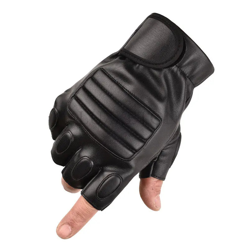 Men Half Finger Black Washable PU Leather Tactical