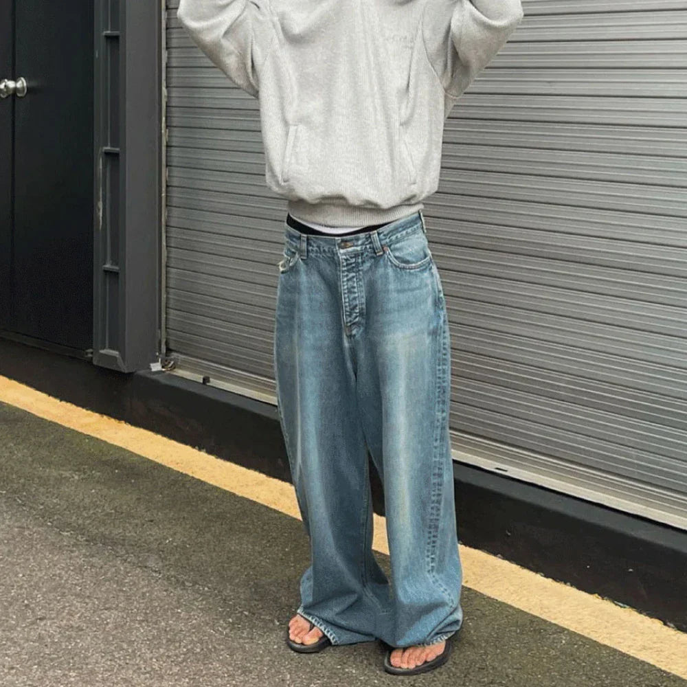 High Street Washed Blue Wide Leg Baggy Jeans