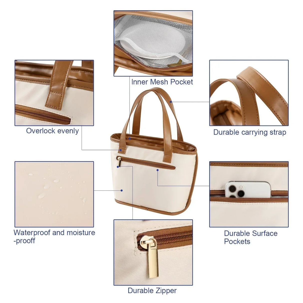 Large lunch bag with cutlery bag, stylish and reusable handbag, leak proof work, cute and women's office, school picnic