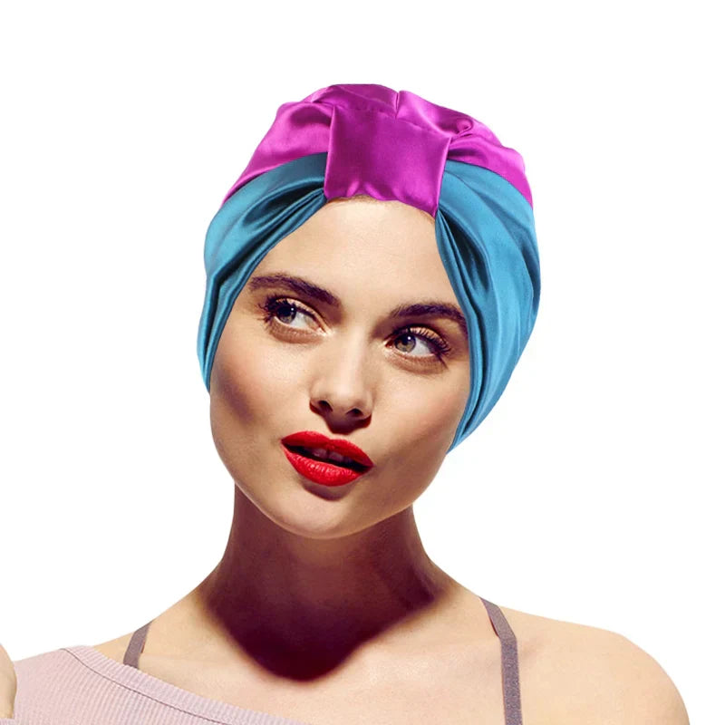 Women Stretch Silk Imitation Nightcap Fashion Color Contrast