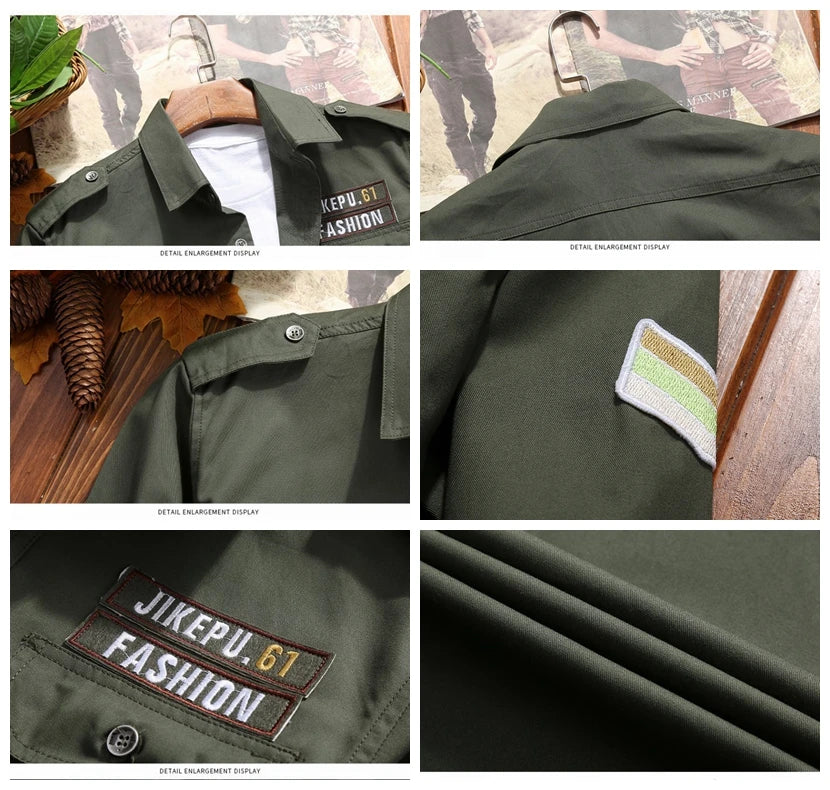 Men's Shirts Military Casual Shirt Cotton Khaki Retro
