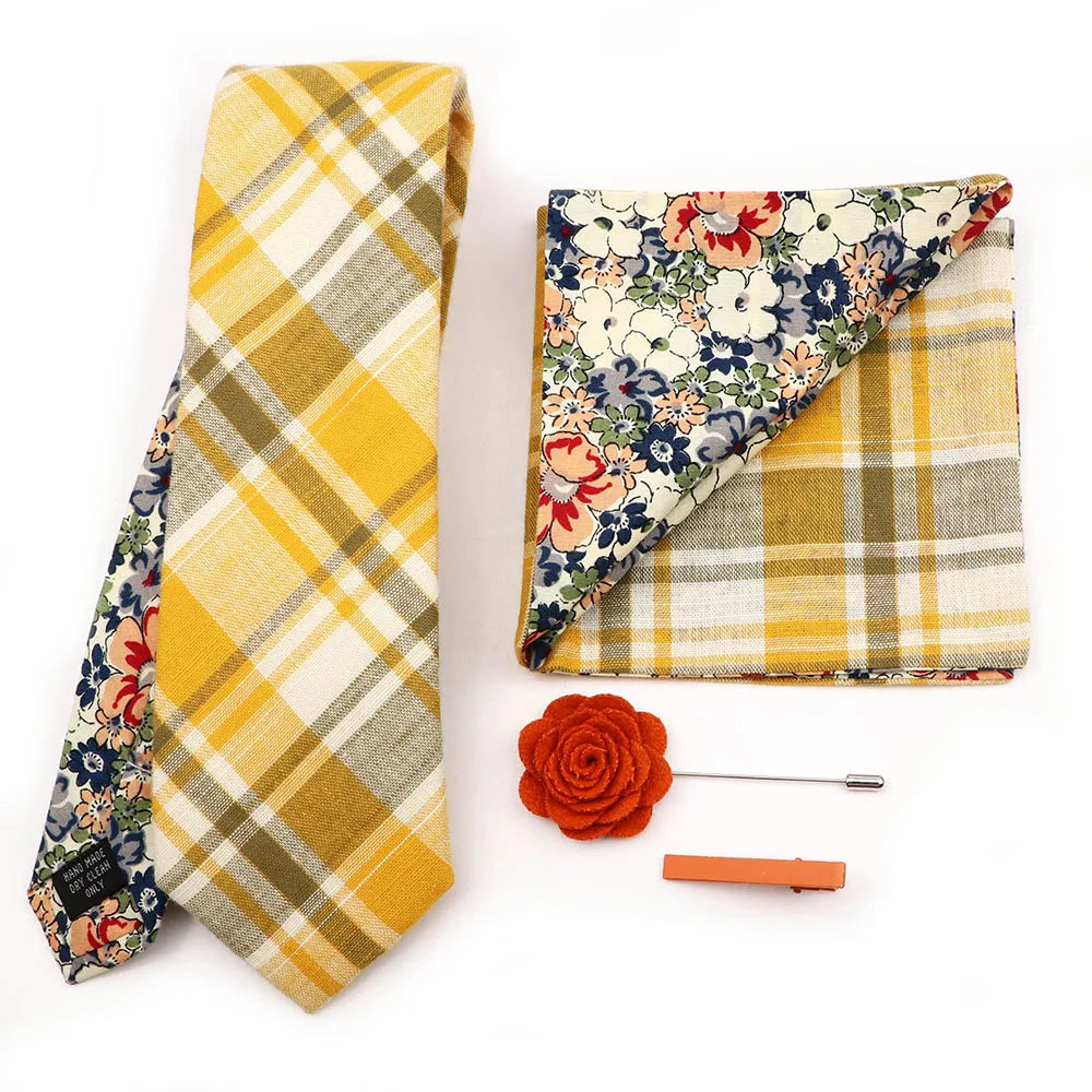 Two Side Floral Plaid Cotton Patchwork Tie Set
