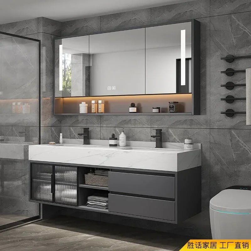 Luxury Bathroom Mirror Cabinet Double Basin Slate Integrated