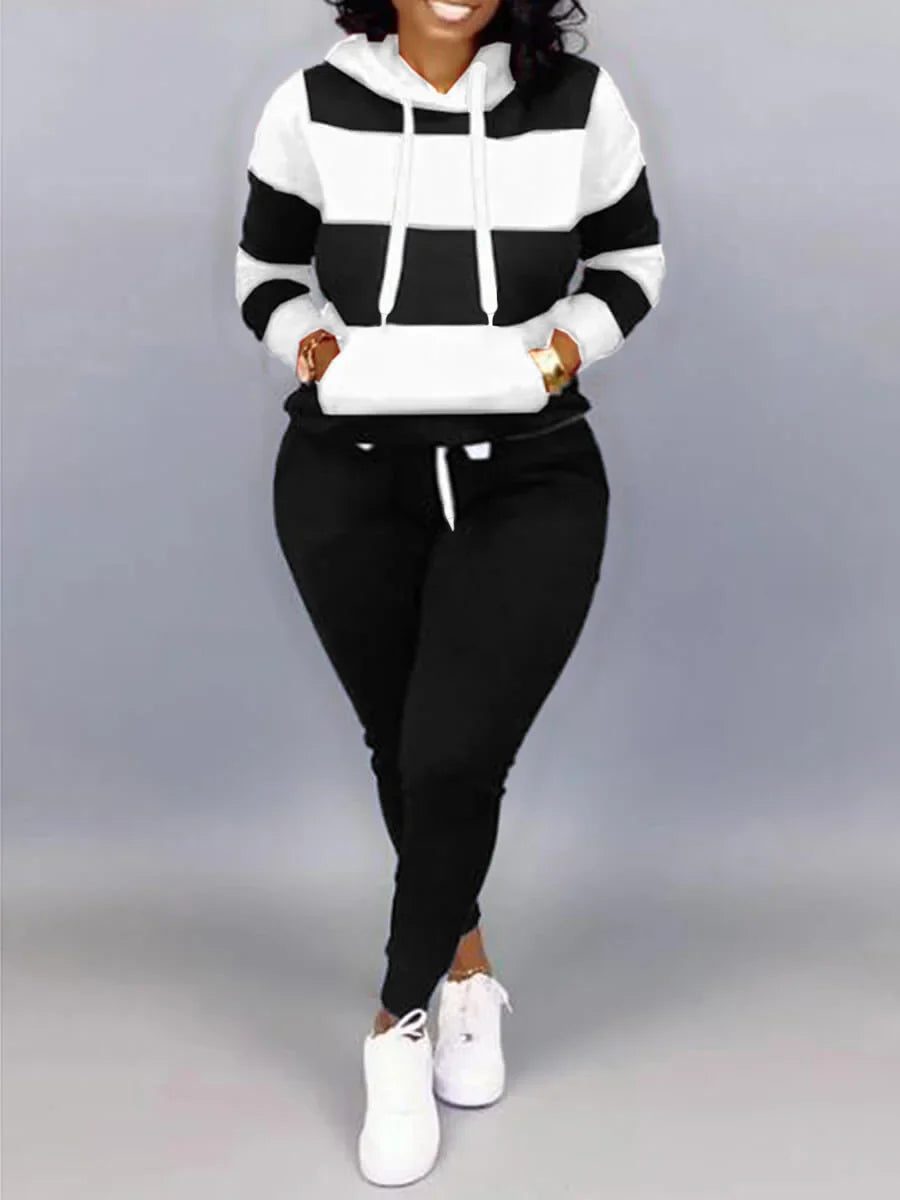 LW Plus Size Striped Drawstring Tracksuit Set Autumn