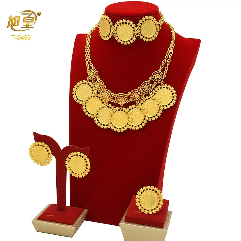 African 24K Gold Color Coins Necklace Bracelet Sets