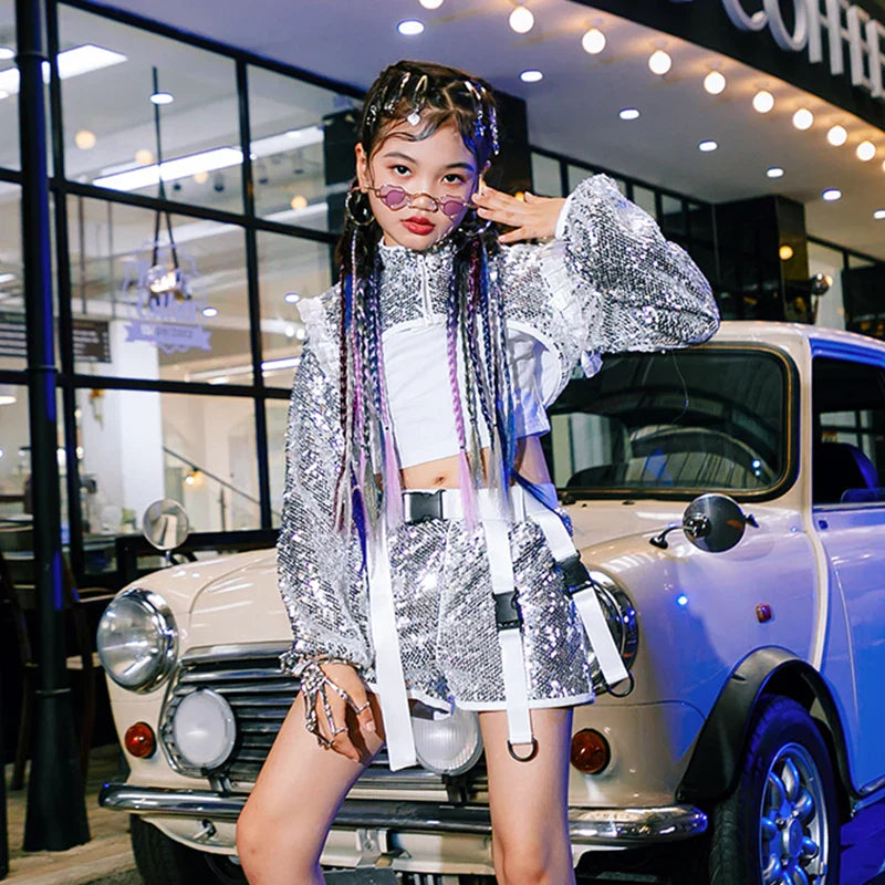 Girls Silver Sequins Jazz Dance Costume Kpop Outfit