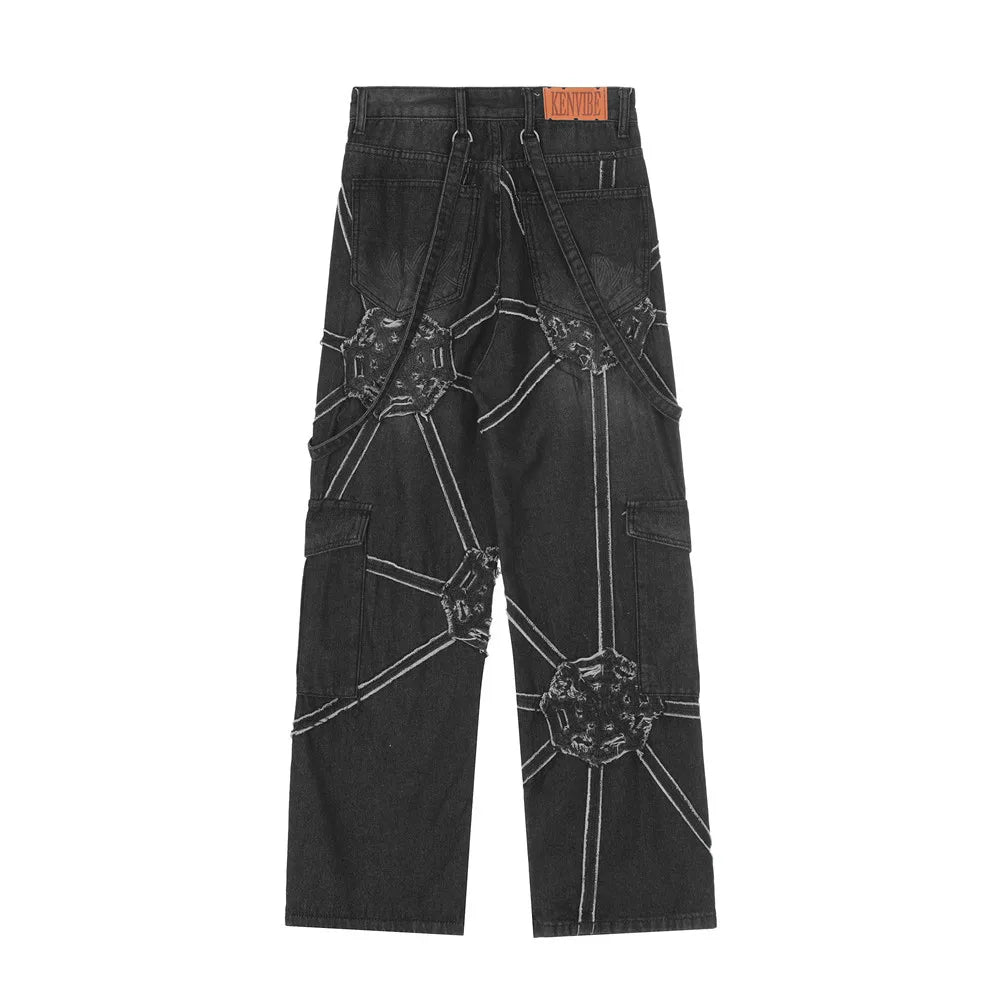 Vintage Gear Patch Punk Jeans High Street Spiderweb