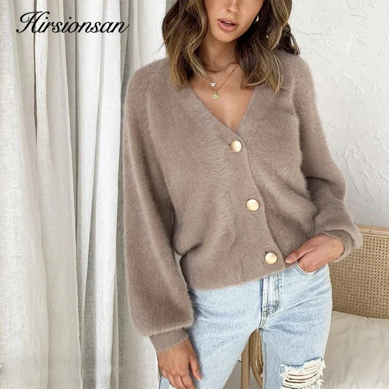 Hirsionsan Elegant Long Sleeve Mohair Sweater Women 2023