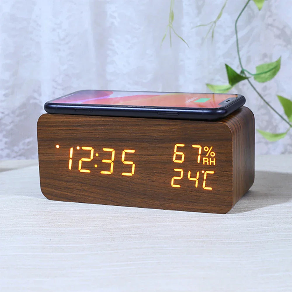 Wood Grain Digital Alarm Clock With Wireless Charging