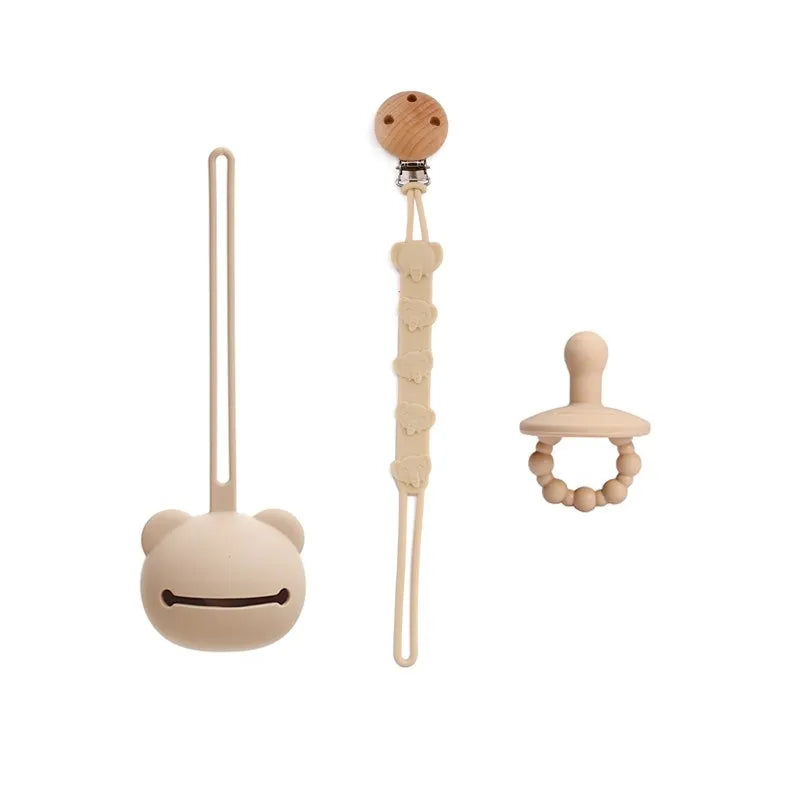 Baby Silicone Pacifier Holder Set BPA Free Food Grade Silicone Infant Travel Portable Storage Box Silicone Chain Nipple Set