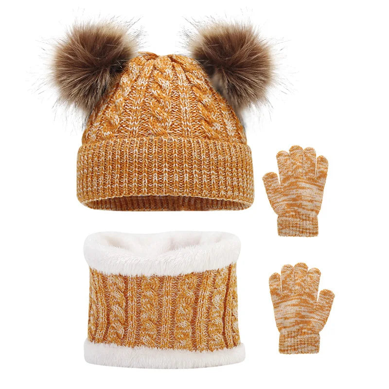 AvoDovA3PCS Children s Winter Double Ball Knitted Hat