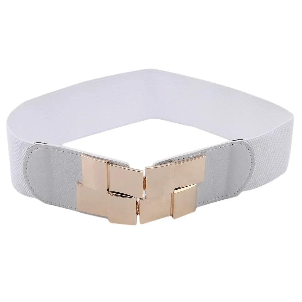 New Women Elastic Waist Closure Wide Belt Gold