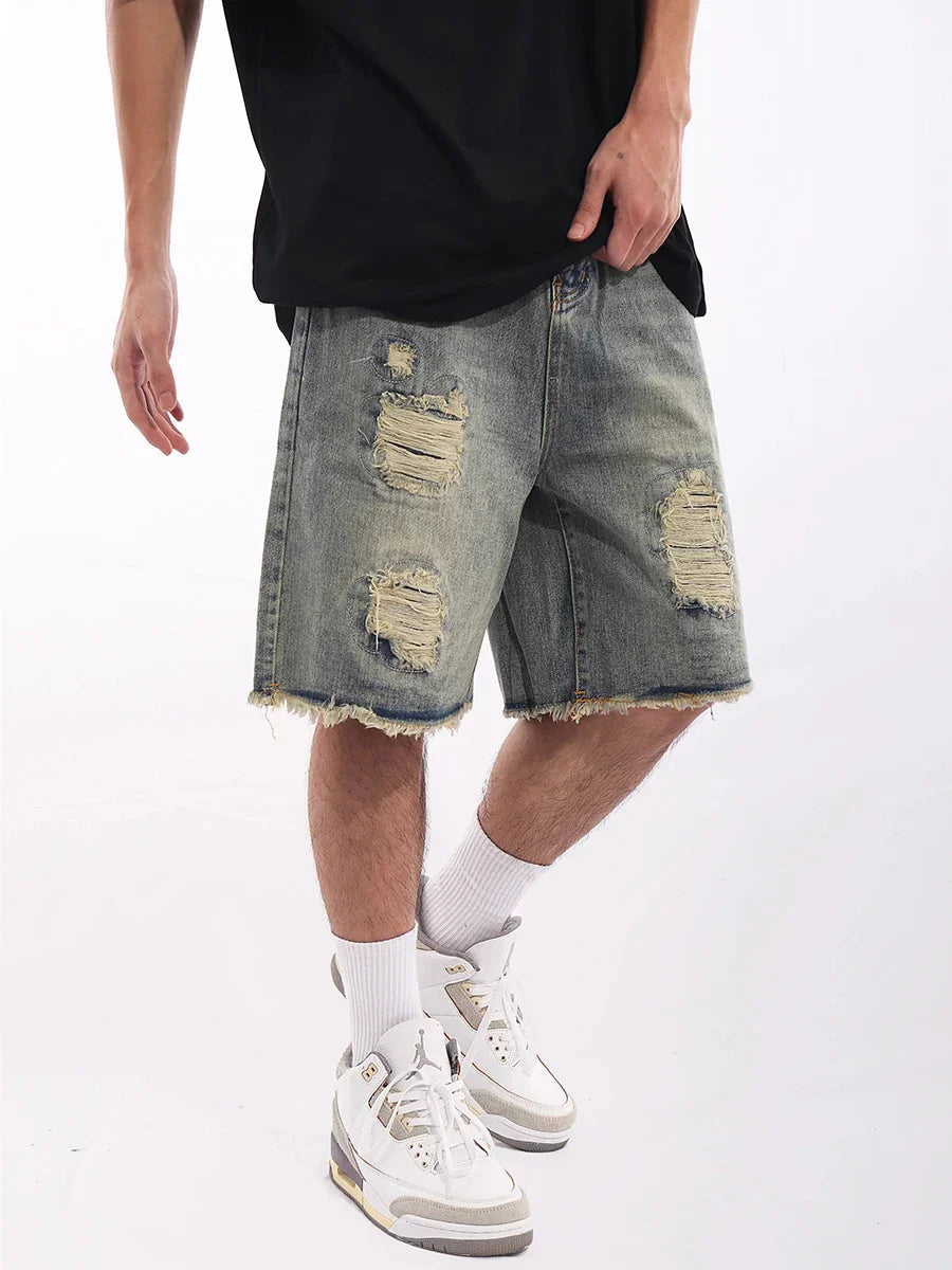 ReddaChic Vintage Wash Destroyed Denim Shorts Men Brushed