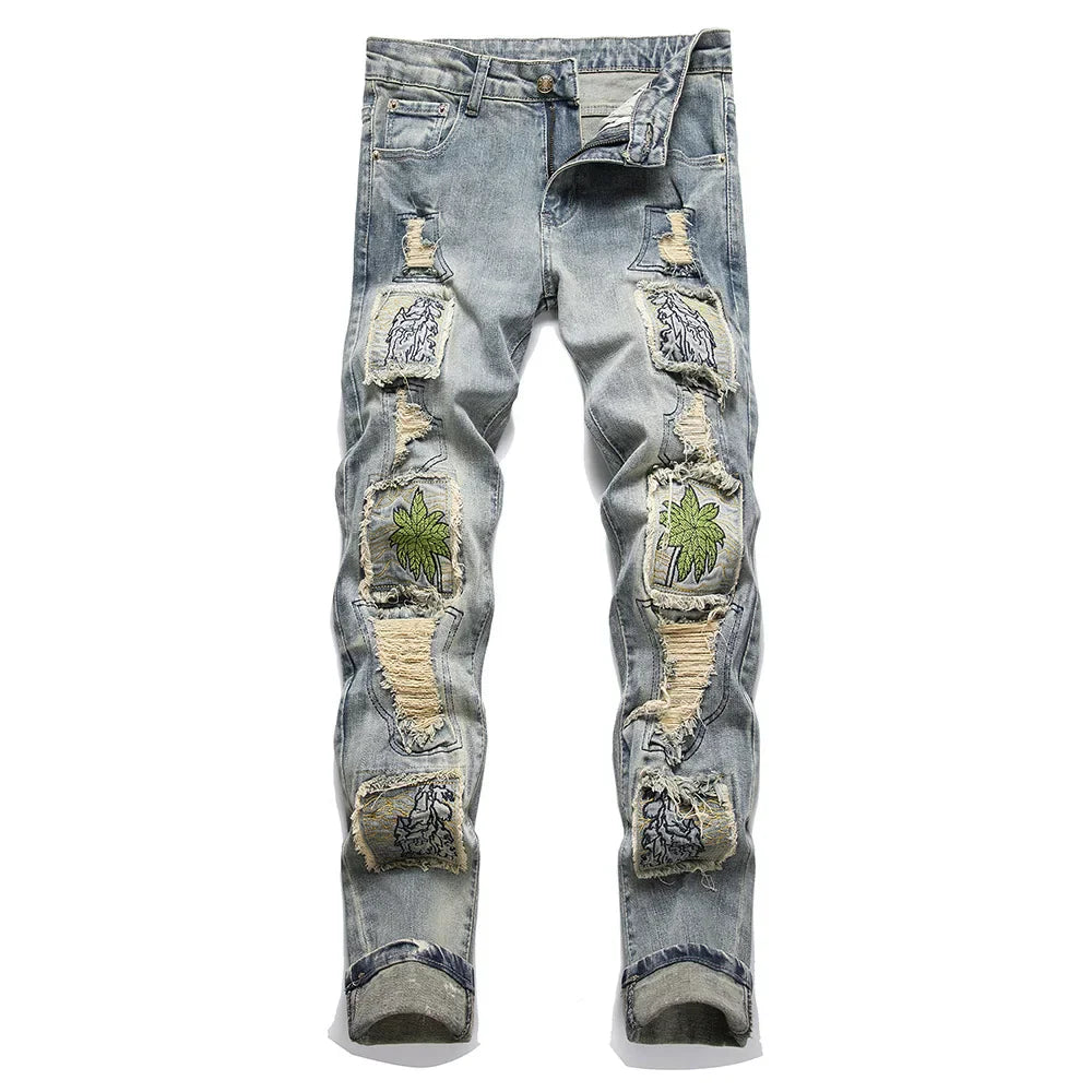 Men Embroidery Patches Denim Jeans Holes Ripped Distressed