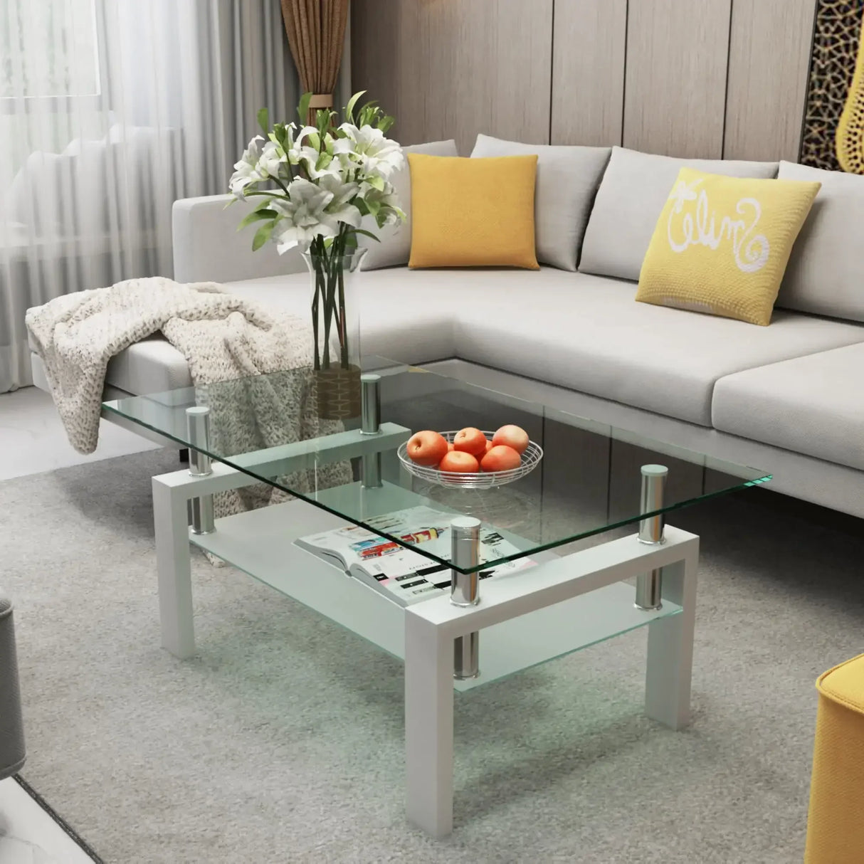 Rectangle Tempered Glass Coffee Table Metal Tube Legs