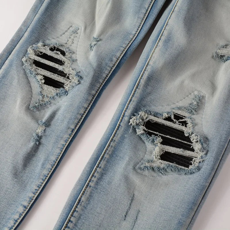 Men Cracked Leather Pleated Patch Biker Jeans Streetwear