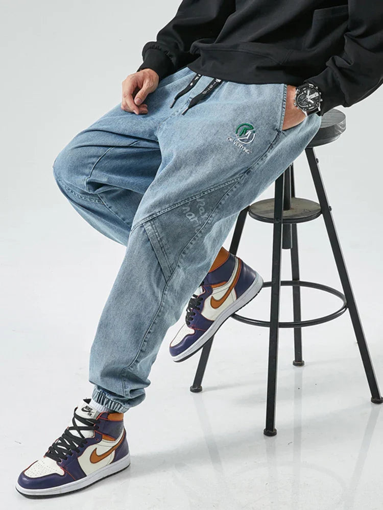 Spring Summer Drawstring Cargo Jeans Men Black Denim