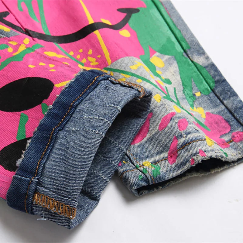 Men Colored Doodle Painted Denim Jeans Streetwear Punk