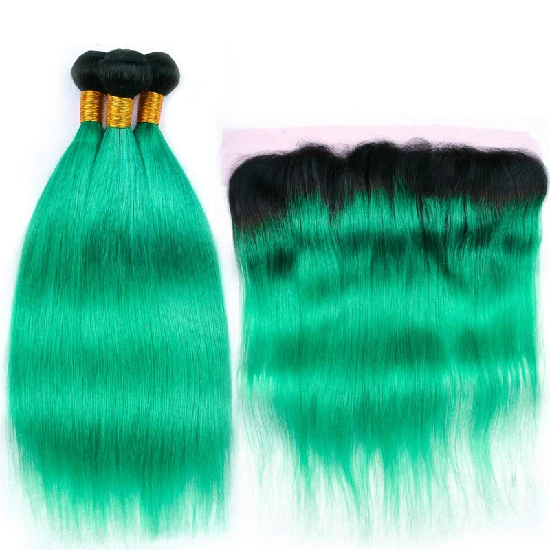 Elfriede 1BLight Green Straight Ombre Colored Hair Bundles