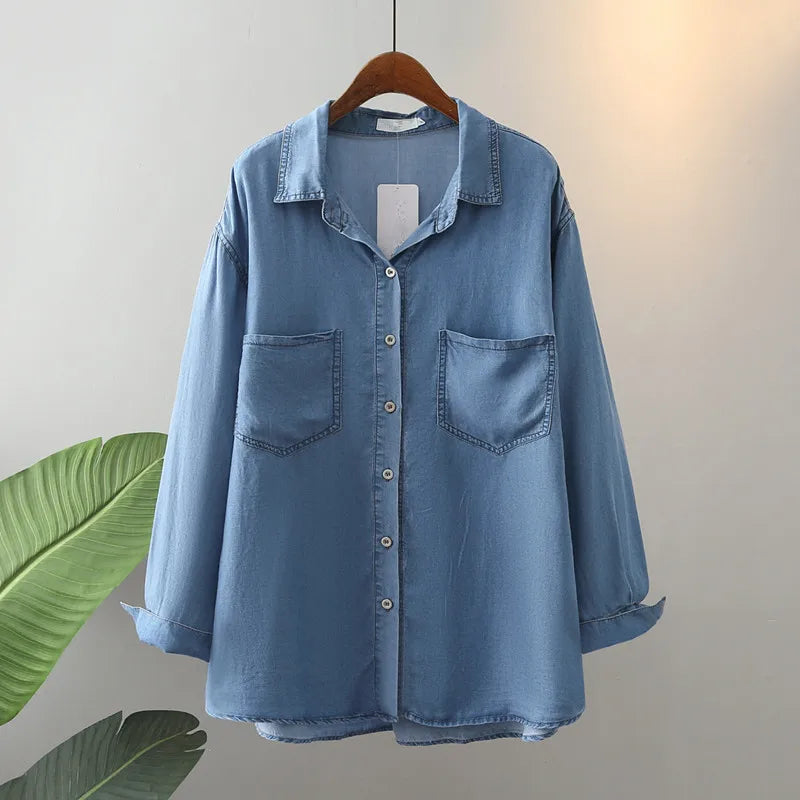 Plus Size Women's Clothing Blouses&Shirt Spring And Autumn Denim Shirt Long-Sleeved Lapel Shirt Thin Soft Basic Shirts Oversize