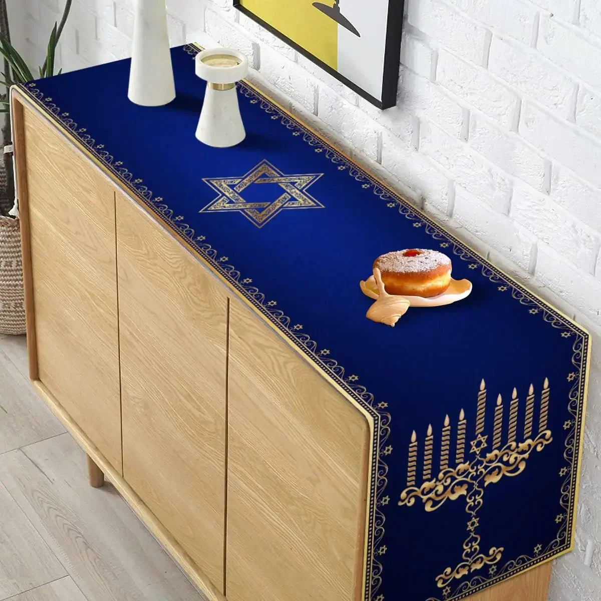 Hanukkah Linen Table Runner Party Table Decor Menorah