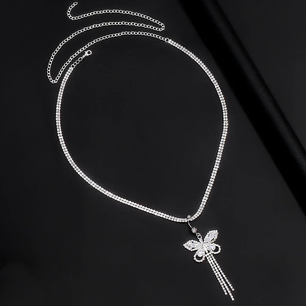 Shiny Rhinestone Butterfly Tassel Waist Chain Sexy Beach