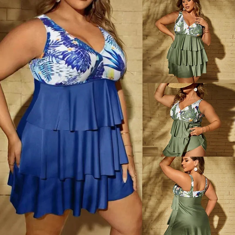 Women Plus Size Bikini Ruffle Printed Skirt Swimwears