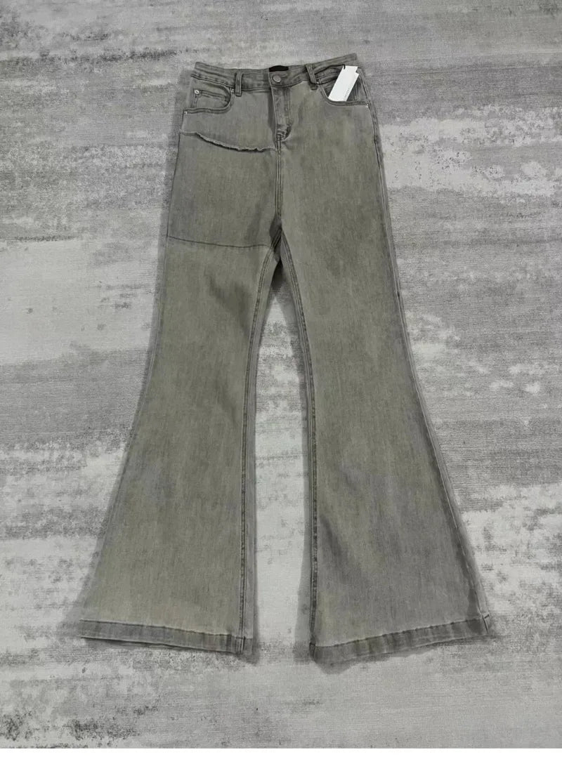 RO Style Distressed Washed Patchwork Flared Jeans American
