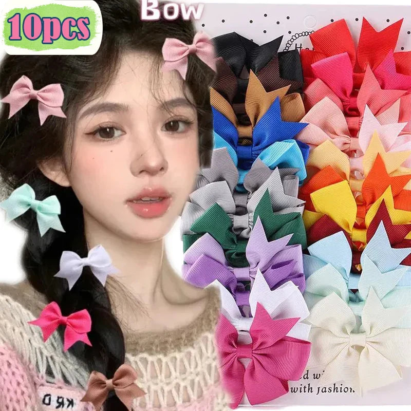 10Pcs/lot Kids Solid Color Ribbon Baby Bows Hair