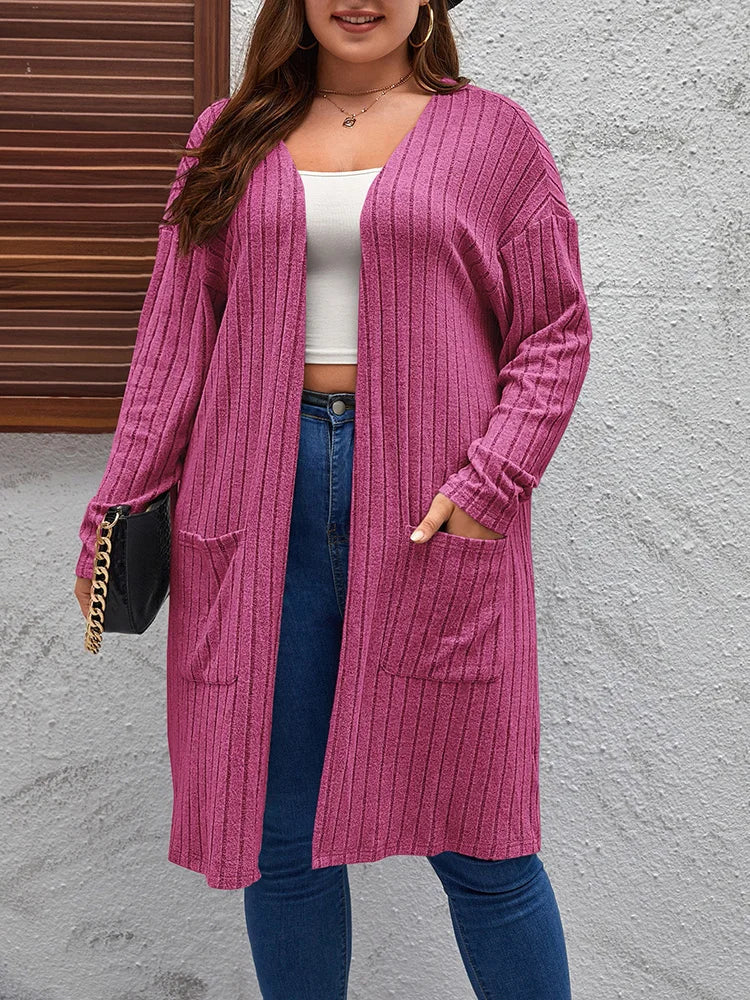 GIBSIE Plus Size Solid Rib Knit Open Front