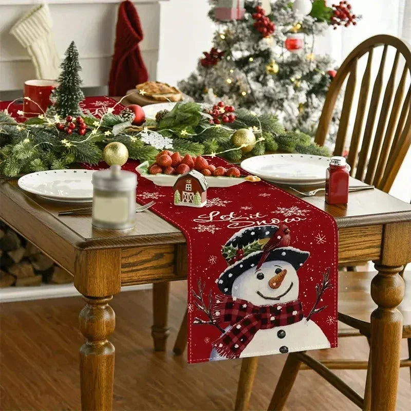 Linen Christmas Table Runner Snowman Xmas Tree Home