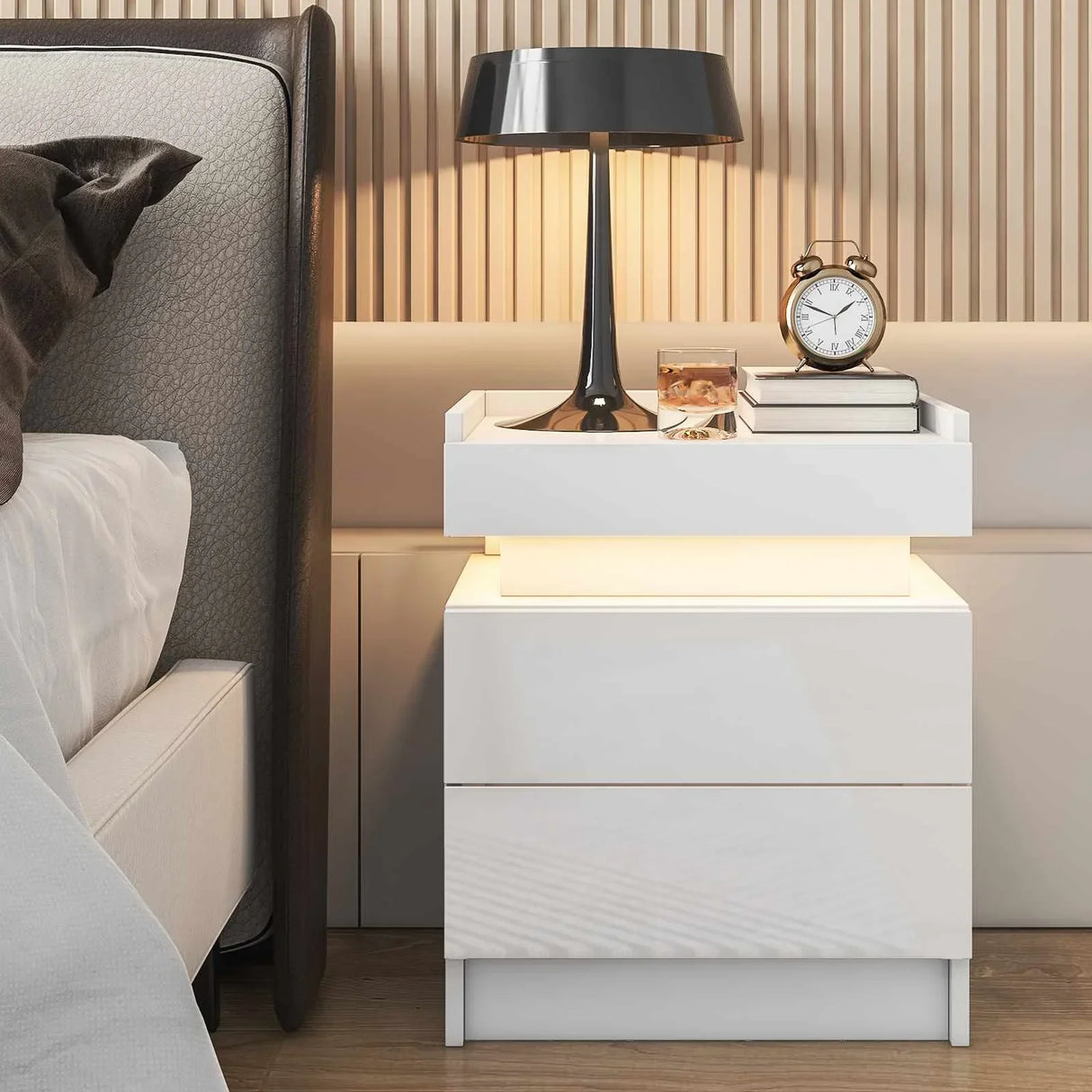 White LED Nightstand LED Bedside Table with High