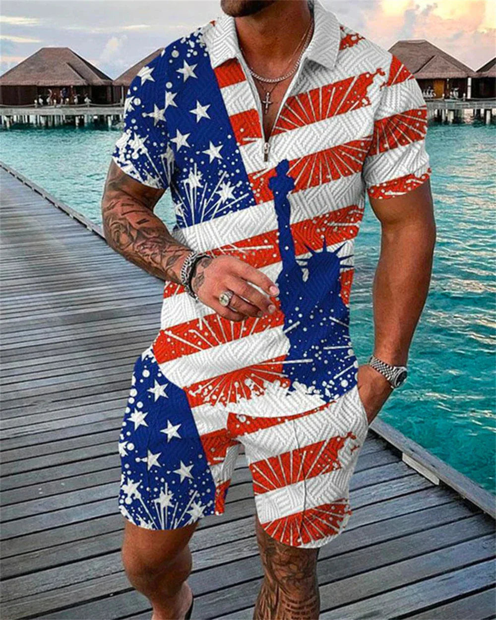Men's Tracksuit Cotton Solid Color Short Sleeve Zipper