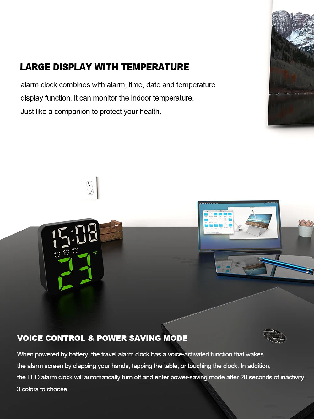 Digital Alarm Clock for Bedrooms with Temperature Adjustable