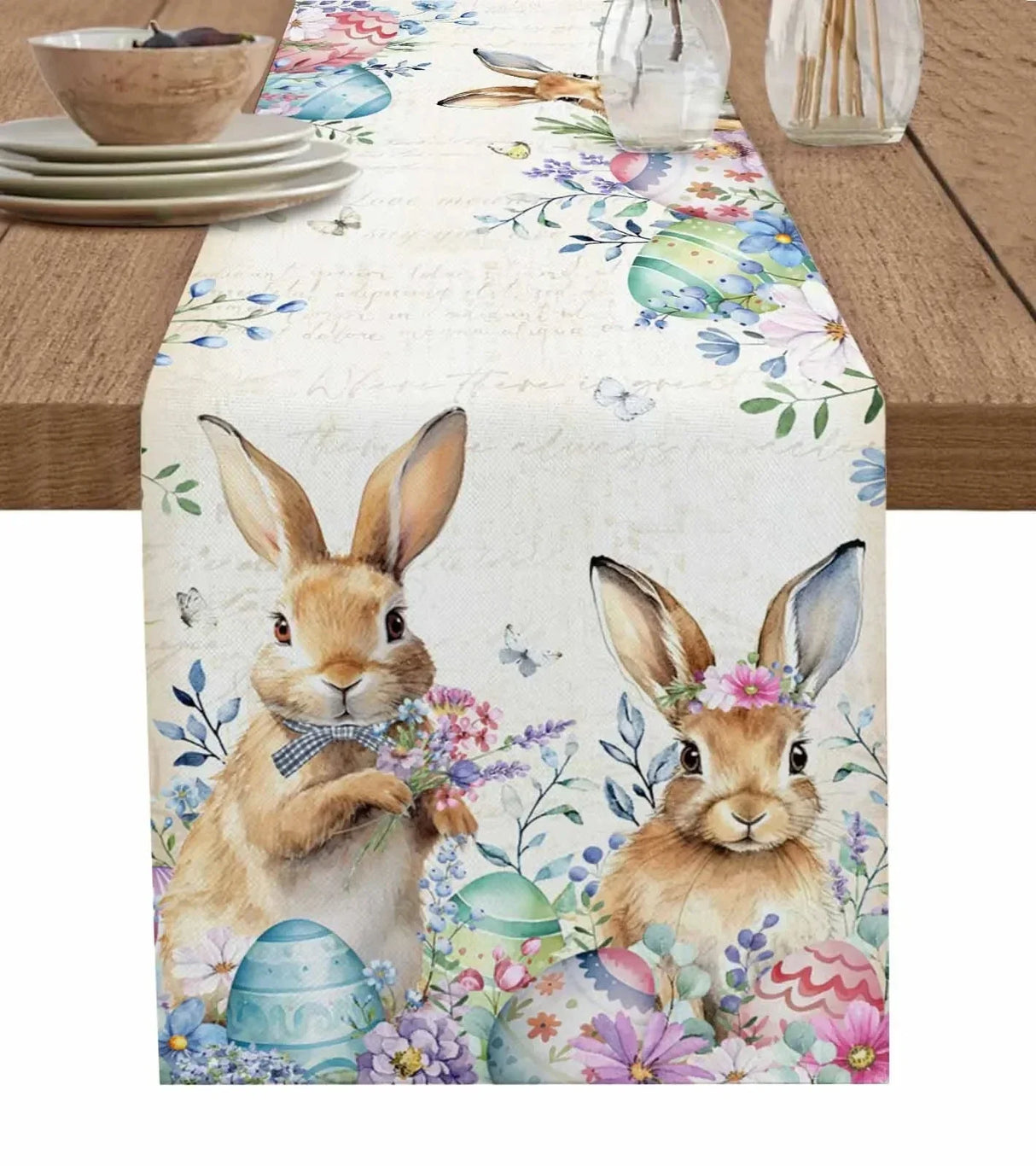 Easter Bunny Spring Flowers Linen Table Runner Washable